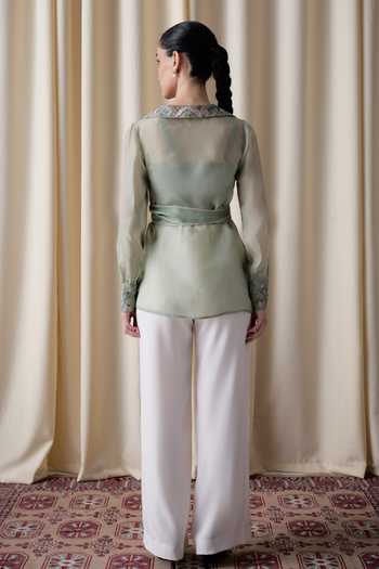 Shop_love, Kiki_Green Organza V-, Square Daylight Blossom Jacket And Pant Set _at_Aza_Fashions