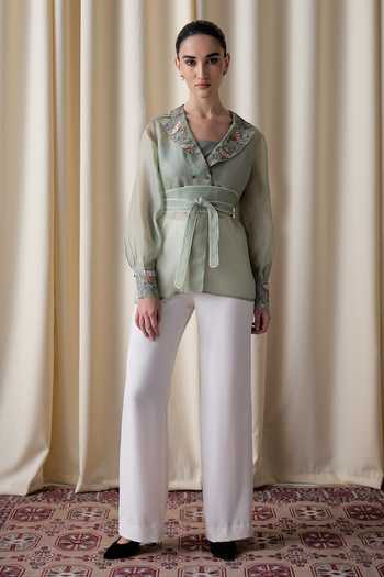 Buy_love, Kiki_Green Organza V-, Square Daylight Blossom Jacket And Pant Set _at_Aza_Fashions