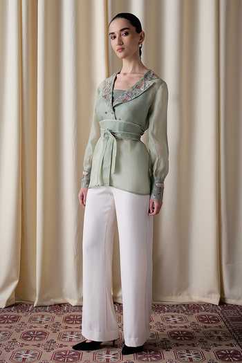 Buy_love, Kiki_Green Organza V-, Square Daylight Blossom Jacket And Pant Set 