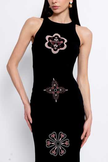 Buy_love, Kiki_Black Crepe, Shantoon Halter Neck Sama Placed Embroidered Dress _Online_at_Aza_Fashions
