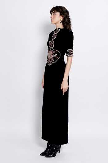 love, Kiki_Black Crepe, Shantoon Embroidery Mandarin Collar Svara Bodycon Gown _Online_at_Aza_Fashions