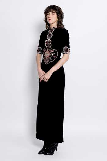 Buy_love, Kiki_Black Crepe, Shantoon Embroidery Mandarin Collar Svara Bodycon Gown _Online_at_Aza_Fashions