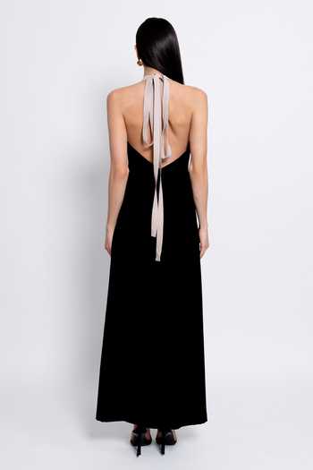 Shop_love, Kiki_Black Crepe, Shantoon Embroidery Halter Neck Aroha Colorblock Backless Gown _at_Aza_Fashions