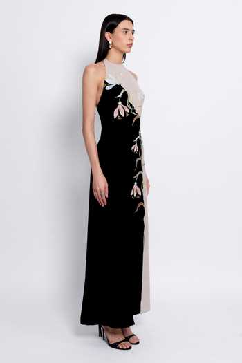 love, Kiki_Black Crepe, Shantoon Embroidery Halter Neck Aroha Colorblock Backless Gown _Online_at_Aza_Fashions
