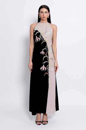Buy_love, Kiki_Black Crepe, Shantoon Embroidery Halter Neck Aroha Colorblock Backless Gown _Online_at_Aza_Fashions