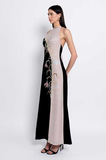Shop_love, Kiki_Black Crepe, Shantoon Embroidery Halter Neck Aroha Colorblock Backless Gown _Online_at_Aza_Fashions