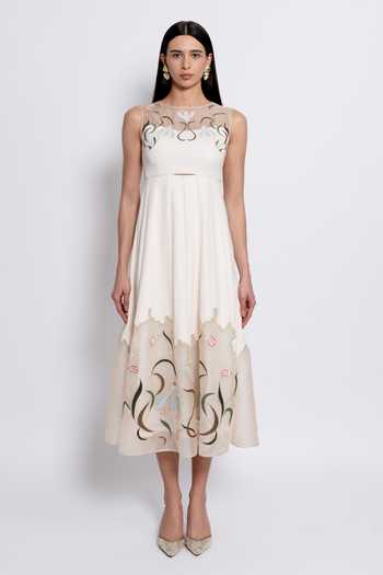 Buy_love, Kiki_Ivory Crepe, Silk Organza, Shantoon Round Neck Tara Embroidered Dress _at_Aza_Fashions