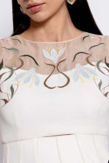 Buy_love, Kiki_Ivory Crepe, Silk Organza, Shantoon Round Neck Tara Embroidered Dress _Online_at_Aza_Fashions