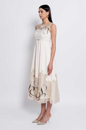 Shop_love, Kiki_Ivory Crepe, Silk Organza, Shantoon Round Neck Tara Embroidered Dress _Online_at_Aza_Fashions