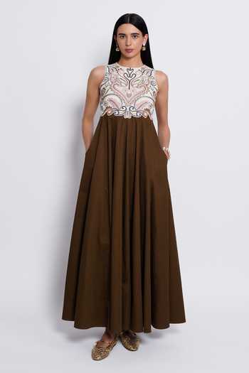 Buy_love, Kiki_Ivory Cotton, Crepe Halter Neck Sutra Hand Embroidered Bodice Dress _at_Aza_Fashions