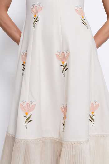 love, Kiki_Ivory Organza, Crepe Scoop Neck Nivara Floral Embroidered Dress _Online_at_Aza_Fashions