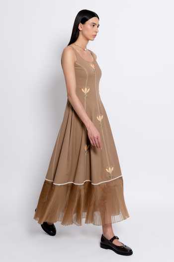 love, Kiki_Brown Organza, Tencel Scoop Neck Mandra Floral Embroidered Dress _Online_at_Aza_Fashions