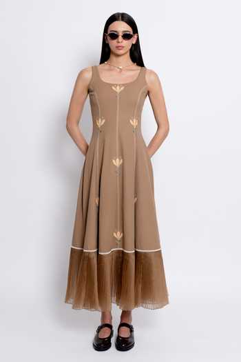Buy_love, Kiki_Brown Organza, Tencel Scoop Neck Mandra Floral Embroidered Dress _Online_at_Aza_Fashions