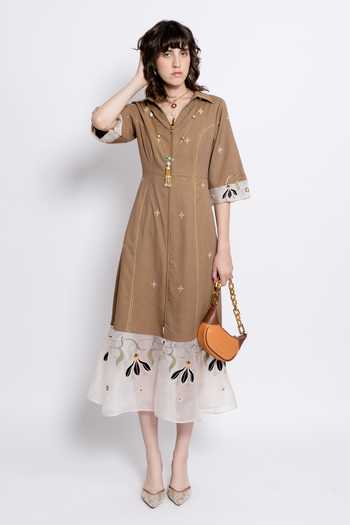 Buy_love, Kiki_Brown Silk Organza, Tencel Collared Laya Embroidered Dress _at_Aza_Fashions
