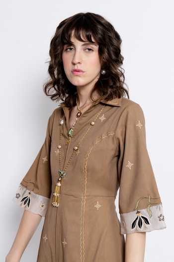 Buy_love, Kiki_Brown Silk Organza, Tencel Collared Laya Embroidered Dress _Online_at_Aza_Fashions
