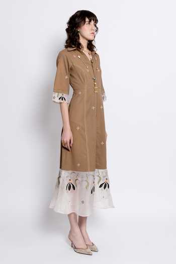 Shop_love, Kiki_Brown Silk Organza, Tencel Collared Laya Embroidered Dress _Online_at_Aza_Fashions