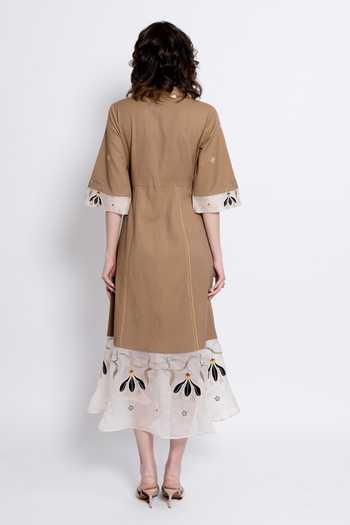 Shop_love, Kiki_Brown Silk Organza, Tencel Collared Laya Embroidered Dress _at_Aza_Fashions