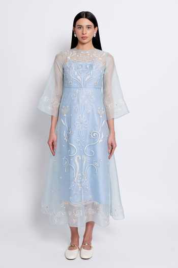 Buy_love, Kiki_Blue Silk Organza, Cotton Satin, Lycra Round Alara Hand Embroidered Sheer Dress _at_Aza_Fashions
