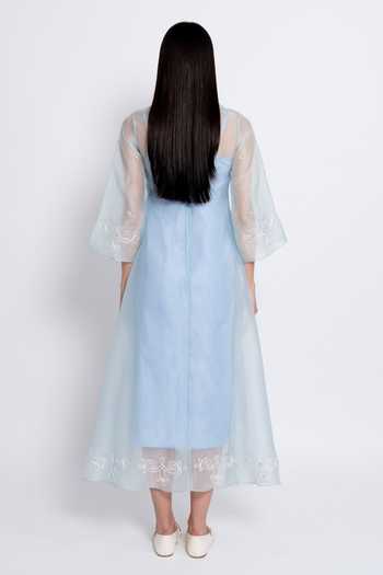 Shop_love, Kiki_Blue Silk Organza, Cotton Satin, Lycra Round Alara Hand Embroidered Sheer Dress _at_Aza_Fashions