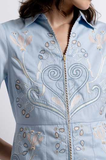 Shop_love, Kiki_Blue Cotton V-neck, Collared Nada Embroidered Short Shirt Dress _Online_at_Aza_Fashions