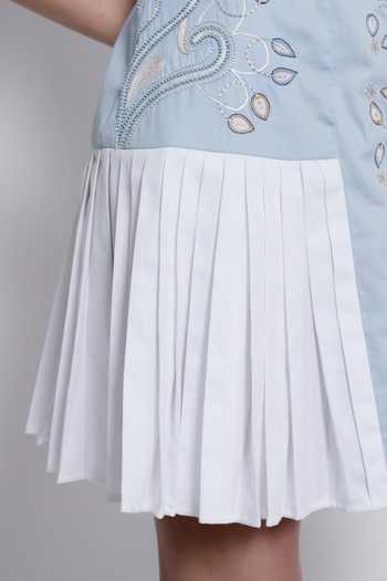 Buy_love, Kiki_Blue Cotton V-neck, Collared Nada Embroidered Short Shirt Dress 