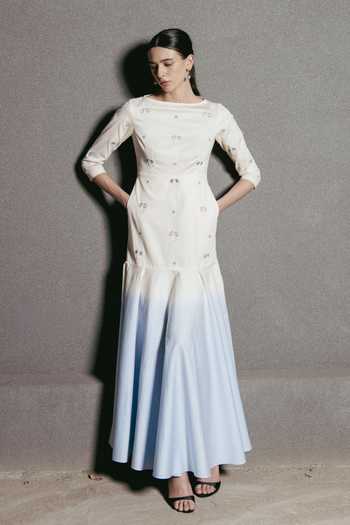 love, Kiki_Blue Cotton Boat Neck Antara Embroidered Ombre Dress _at_Aza_Fashions