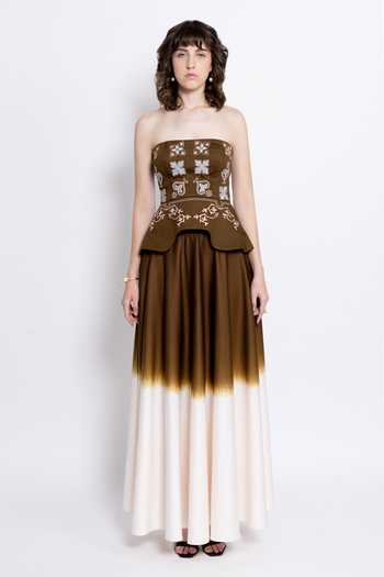 Buy_love, Kiki_Ivory Cotton Embroidery Bandeau Neck Vira Sculpted Corset And Skirt Set _at_Aza_Fashions