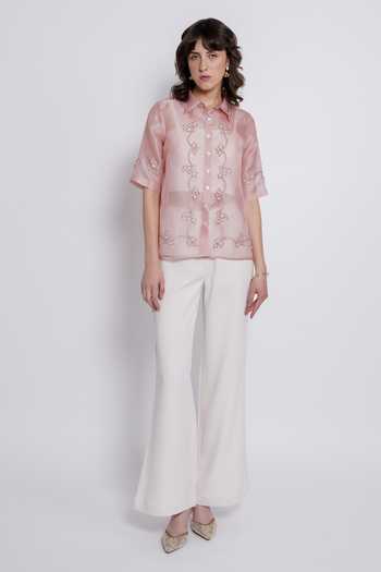 Buy_love, Kiki_Blush Cotton, Crepe, Silk Organza Meera Embroidered Shirt And Trouser Set _at_Aza_Fashions
