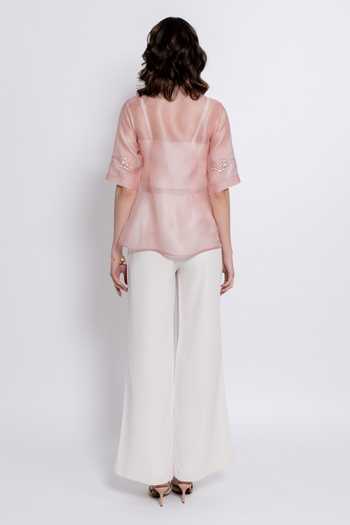 Shop_love, Kiki_Blush Cotton, Crepe, Silk Organza Meera Embroidered Shirt And Trouser Set _at_Aza_Fashions
