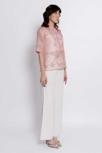 Buy_love, Kiki_Blush Cotton, Crepe, Silk Organza Meera Embroidered Shirt And Trouser Set _Online_at_Aza_Fashions