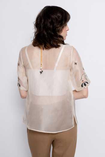 Shop_love, Kiki_Ivory Silk Organza, Tencel, Silk, Murki Floral Embroidered Top And Trouser Set _at_Aza_Fashions