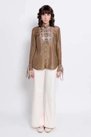 Buy_love, Kiki_Brown Viscose, Tencel Mandarin Collar Anira Embroidered Shirt And Trouser Set _at_Aza_Fashions
