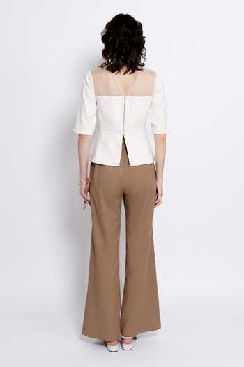 Shop_love, Kiki_Brown Crepe, Silk Organza, Tencel Boat Embroidered Premium Peplum And Trouser Set _at_Aza_Fashions