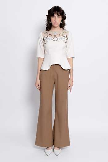 Buy_love, Kiki_Brown Crepe, Silk Organza, Tencel Boat Embroidered Premium Peplum And Trouser Set _at_Aza_Fashions