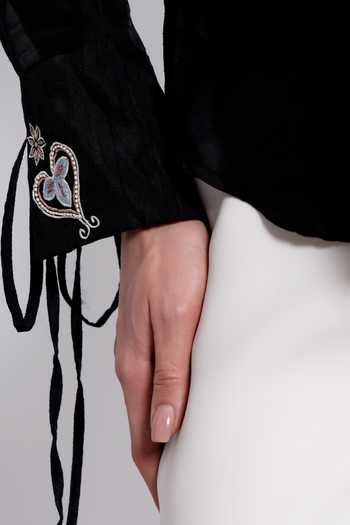 love, Kiki_Black Viscose, Tencel Mandarin Collar Ivara Embroidered Shirt And Trouser Set _at_Aza_Fashions