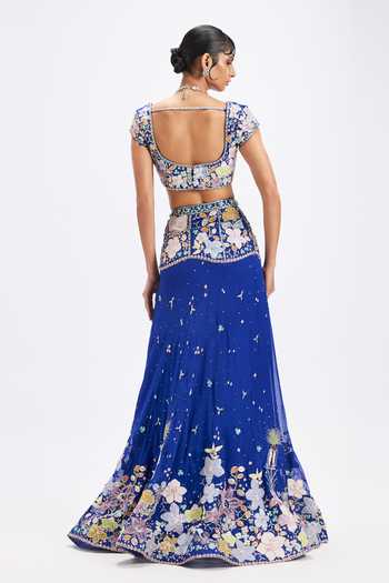 Shop_Aisha Rao_Blue Georgette, Tulle Boat Neck Saphira Persian Lehenga Set _at_Aza_Fashions