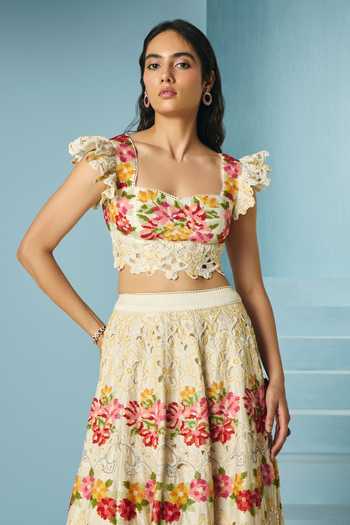 Buy_Chandrima_Ivory Chanderi Beads, Cut Work Square Neck Beadwork Bustier _at_Aza_Fashions