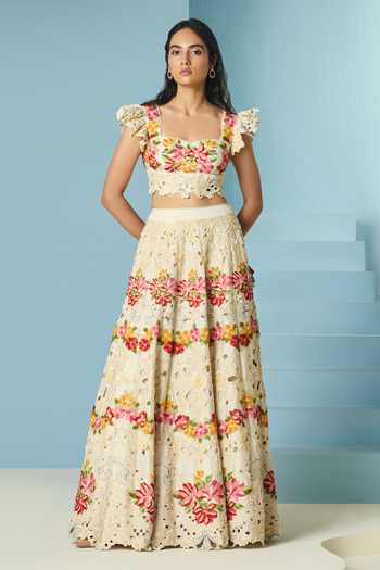 Buy_Chandrima_Ivory Chanderi Beads, Cut Work Square Neck Beadwork Bustier _Online_at_Aza_Fashions