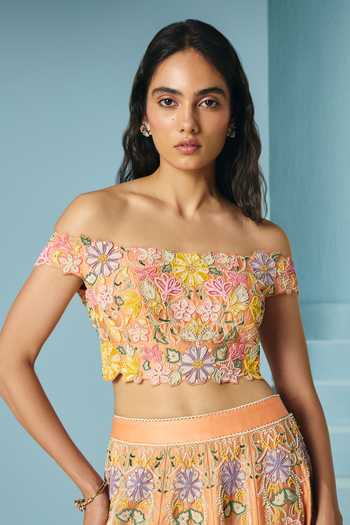 Buy_Chandrima_Orange Chanderi Embroidery, Beads Off-shoulder Contrast Cordwork Bustier _at_Aza_Fashions