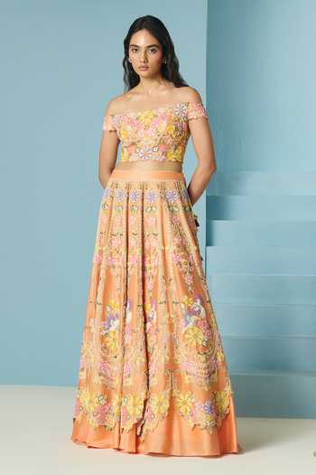 Buy_Chandrima_Orange Chanderi Embroidery, Beads Off-shoulder Contrast Cordwork Bustier _Online_at_Aza_Fashions