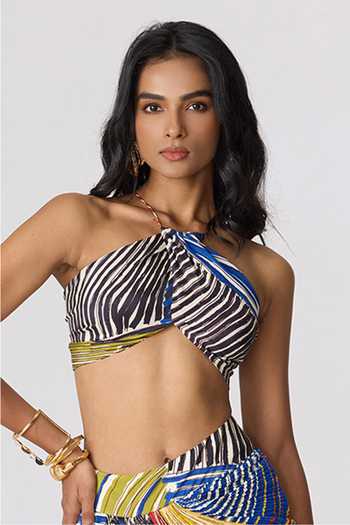 Buy_Saaksha & Kinni_Multi Color Chiffon, Polyester Halter Neck Keha Printed Blouse _at_Aza_Fashions