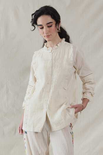 Buy_Dhaari_Off White Silk, Cotton High Neck Handwoven Top And Slip Set _at_Aza_Fashions