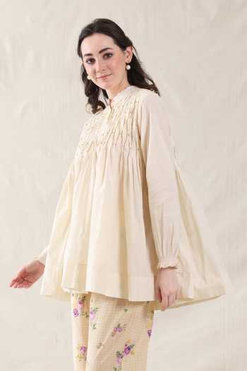 Buy_Dhaari_Off White Silk, Cotton Mandarin Collar Handwoven Top And Slip Set _at_Aza_Fashions