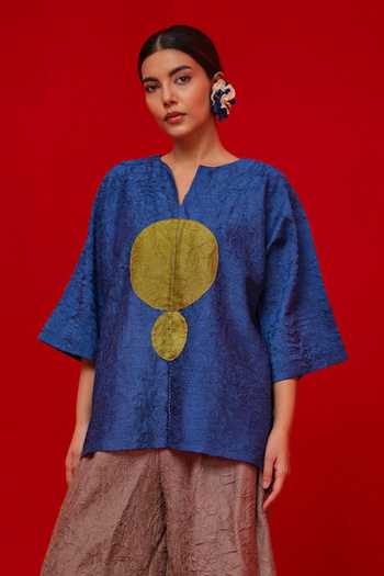 Buy_Stoique_Blue Silk Applique Split V-neck Textured Crushed Top _at_Aza_Fashions