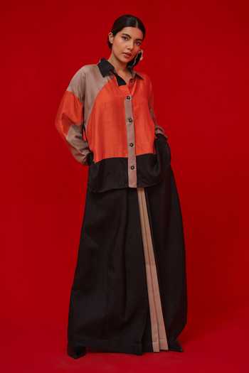 Buy_Stoique_Black Silk Collared Ponder Colorblock Shirt 
