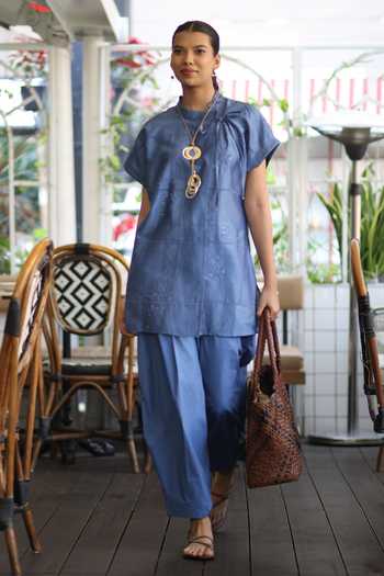 Shop_Bunka_Blue Chanderi Embroidery Mandarin Collar Yuki Top _Online_at_Aza_Fashions