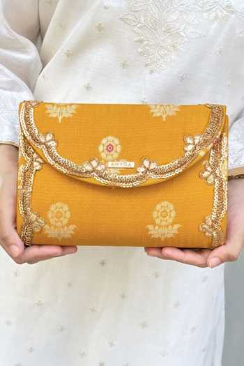 AMYRA_Yellow Bahaar Pure Silk Flapover Clutch _Online_at_Aza_Fashions