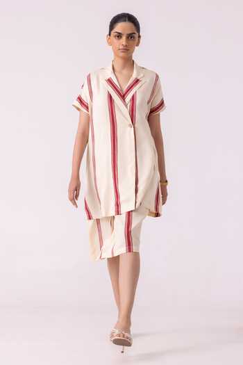 The Summer House_Red Tencel, Twill V-neck, Collared Amy Striped Blazer Dress _Online