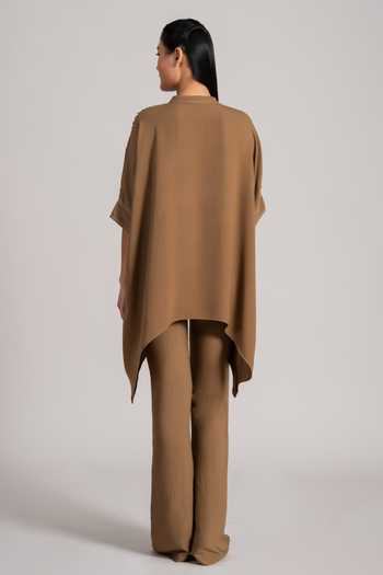 Shop_Namrata Joshipura_Brown Georgette, Twill Mandarin Collar, Yes Cosmic Placed Floral Pattern Tunic _at_Aza_Fashions