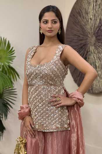 Shop_Etasha By Asha Jain_Pink Tissue Sweetheart Neck, Yes Pearl Embellished Kurta And Palazzo Set _at_Aza_Fashions